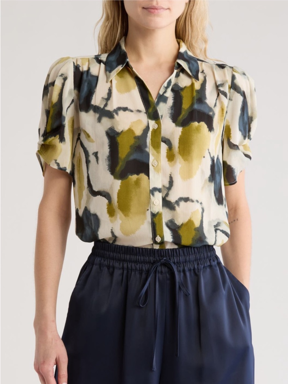 Adrianna Papell Olive, Navy & Cream Abstract Button-Front Blouse